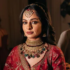 A close-up portrait of the bride, highlighting her bold makeup look with earthy tones and a stunning multi-gemstone Kundan choker, perfect for a royal wedding theme.