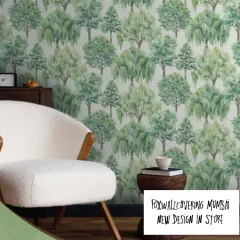 A charming wallpaper with a repeating pattern of stylized trees. This design adds a touch of nature with a whimsical, illustrative quality.