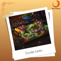 This image of an exotic, artfully plated appetizer showcases our flair for creative and modern vegetarian cuisine. We love to surprise guests with unique flavors and beautiful presentation.