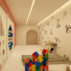 The upper level of the bunk bed is designed as a cozy play den with panda-themed wallpaper and soft carpeting.