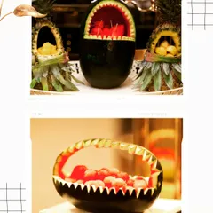 My team includes skilled artists who create stunning fruit carvings. These watermelon and pineapple displays are not just a source of fresh fruit but also act as beautiful, edible centerpieces for the buffet.