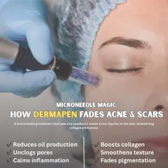 This is the magic of Dermapen, a microneedling treatment that kickstarts collagen production. It works by reducing oil, unclogging pores, calming inflammation, and fading pigmentation to effectively treat acne and scars.
