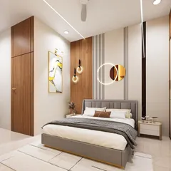 This modern bedroom design uses a mix of textures, including wood paneling and vertical grooves, to create a stylish accent wall. The circular pendant lights add a contemporary artistic touch.