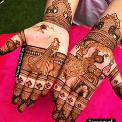 Capturing the most awaited moment of Karwa Chauth. This design shows a woman looking at the moon, with a majestic peacock on the other hand, symbolizing beauty and grace.
