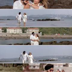 A cinematic collage of the couple walking along the Goan shoreline. The wide shots and their relaxed interaction create a feeling of endless love against the vast ocean.