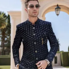 Look like royalty in one of my Jodhpuri sets. This navy blue velvet bandhgala with intricate silver embroidery is a sophisticated choice for a wedding or formal celebration.