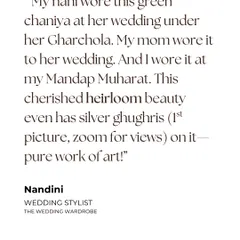 A client's testimonial about wearing an heirloom 'chaniya' worn by her mother and grandmother before her. These generational pieces, with details like silver 'ghughris', are the heart of a truly personal wedding wardrobe.
