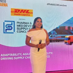 On stage for the Pharma & Med Devices Supply Chain Conclave, presented by DHL. I enjoy the challenge of hosting events that delve into the logistics and innovations of the healthcare industry.