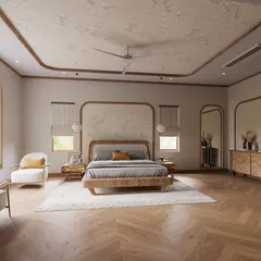 This bedroom render showcases a classic design with a contemporary twist. We've used arched wall details, a textured ceiling, and warm wood tones to create a timeless and sophisticated atmosphere, while the large windows ensure the space feels bright and airy.