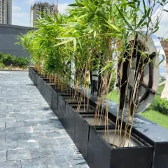 This shot shows the bamboo fencing setup from a different angle, highlighting a modern metallic sculpture that adds an artistic touch to the landscape design.