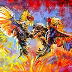 A depiction of 'Koroda Katta', the traditional cock fight. I used a flurry of vibrant colors and sharp, energetic lines to convey the intensity and movement of the birds in combat.