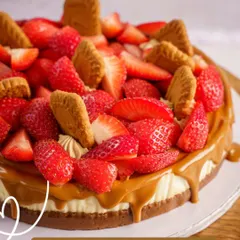 A beautiful shot of my Lotus Biscoff Strawberry Cheesecake, a star from my seasonal strawberry collection.
