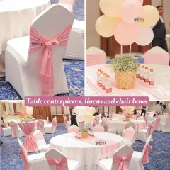 A collage showcasing the detailed table styling for a baby welcome brunch. We coordinated everything from the pink chair bows and table linens to the balloon centerpieces, ensuring a polished and elegant look throughout the venue.