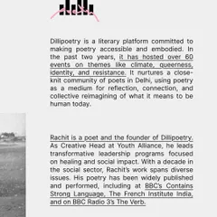 This text introduces Dillipoetry as a literary platform committed to making poetry accessible and embodied. It also provides a brief bio, mentioning my work and publications, including features on the BBC.