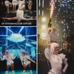 An interstellar affair. This collage captures the essence of our space-themed party, from the celestial dancers and LED performers to the futuristic costumes and pyrotechnic guns.