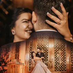An artistic double exposure combines a close-up of the bride's joyful expression with a wider shot of the couple dancing, creating a unique and memorable engagement photo.