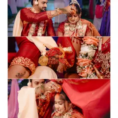 A close-up collage of the wedding rituals, showing the groom applying kumkuma and the tying of knots, focusing on the symbolic details of the ceremony.