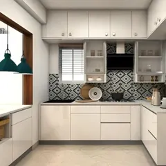 A 3D render of a bright, L-shaped modular kitchen. The design features white handleless cabinets, a patterned tile backsplash, and a pass-through window that connects to the dining area.