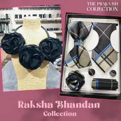 This gift set features a men's formal accessory kit with a plaid bow tie, tie, and matching cufflinks. It is paired with a dramatic women's necklace composed of large, black fabric roses.