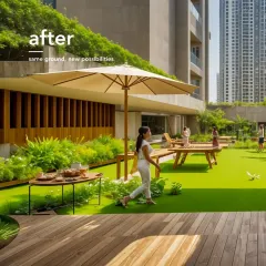 After: A rendering of the redeveloped Girgaum Ekata CHS, showcasing a new podium-level green space that creates a vibrant community hub and recreational area.