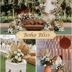 This Boho Bliss theme uses pampas grass, earthy tones, and natural textures to create a relaxed yet incredibly chic vibe for a modern pre-wedding event.