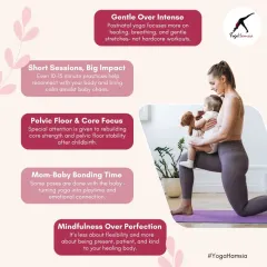 Postnatal yoga with me is different from a typical fitness class. This graphic explains my core philosophy: focusing on gentle healing, short and impactful sessions, rebuilding the core and pelvic floor safely, and embracing mindfulness over perfection.