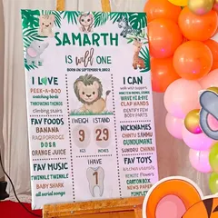 A personalized welcome board for a 'Wild One' jungle-themed first birthday. These custom boards share fun facts about the birthday child and are a great addition to the decor.