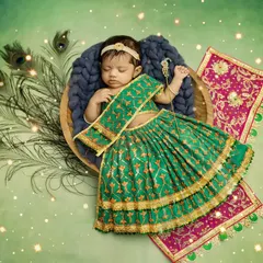 A beautiful portrait of a baby girl dressed as Radha, sleeping peacefully in a basket adorned with peacock feathers.