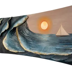 The final commissioned piece, 'Golden Tides'. This 83-inch curved artwork was crafted from upcycled paper and wood, with golden edges that catch the light, symbolizing the rhythm of renewal and ambition.
