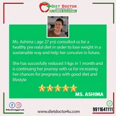 This testimonial highlights a 5 kg loss in one month for a client preparing for her pre-natal journey. My plans are designed to support future conception by creating a healthy, sustainable lifestyle.