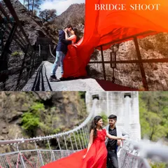 A collage showing different angles of a "Bridge Shoot," including a wide shot with a dramatic red fabric and a more casual walking shot.