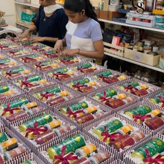 A glimpse into the heart of my studio, where my team is busy assembling a large order. Every hamper is crafted with a keen eye for detail and a passion for creating meaningful connections through the art of gifting.