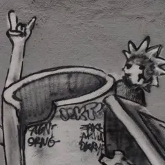 A detail from the mural showing a character throwing up the "rock on" horns. This is a nod to the heavy metal music that inspires much of my gothic and mechanical artwork.
