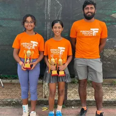 Our players Eshal Pathan and Aishwarya Swaminathan with their coach, celebrating a clean sweep in the All India U16 tournament in Nagpur where they won both the singles and doubles events.