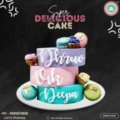 This asymmetrical three-tier cake was so much fun to create. I used a vibrant pastel palette and added personalized names to each layer, making it a unique centerpiece for a joint celebration. The cake is decorated with mini cupcakes and macarons for extra delight.