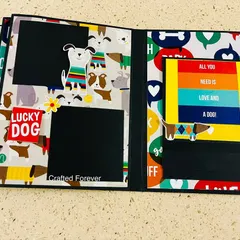 Another inside page from our dog-themed memory book. This layout includes a "Lucky Dog" tag and colorful patterns, making it a cheerful home for your pet's photos.
