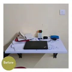 A work-from-home desk before our session. A cluttered workspace can lead to a cluttered mind and decreased productivity.