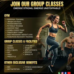 Emerge strong and unstoppable with our group classes and gym facilities. This poster outlines our comprehensive services, including personal training for various goals and a wide range of group classes like Zumba, HIIT, and Yoga.