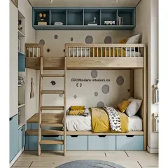 A classic bunk bed design with a touch of color. The under-bed drawers and overhead shelves provide plenty of storage for a tidy room.
