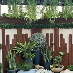 An excellent example of a mini-garden we created in a small corner. This design uses a wooden fence backdrop, hanging plants, and a curated collection of potted plants on a bed of pebbles to create a lush, textured look.