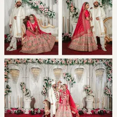 A collage showcasing different moments from the wedding stage, from formal poses to a candid dance. This highlights the variety of shots I capture during the main wedding event.