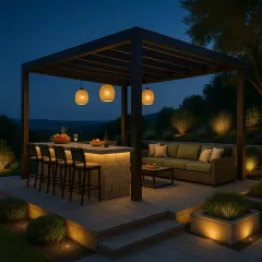We designed this terrace bar and lounge in Shimla to blend luxury with the natural beauty of the hills. The modern pergola, stone bar, and warm ambient lighting create an inviting atmosphere for enjoying cool mountain evenings under the stars.