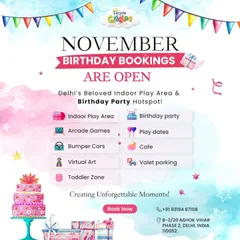 Don't miss out on a November birthday bash! This graphic highlights all the fun you can have, including our indoor play area, arcade games, and cafe. Book your party now for a day of giggles and games.