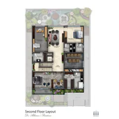 The second-floor layout for the 'Meraki' residence, detailing the private family spaces. The plan includes multiple bedrooms with attached toilets, a family lounge, and a home theater, all meticulously planned for comfort and luxury.