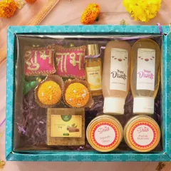 This is the final look of the Diwali Hamper with its protective transparent cover. It's a perfect gift for family, friends, or colleagues, offering a complete set of my handcrafted skincare and haircare essentials.