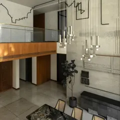 An overview of the Daga residence, showcasing how we integrate large scale art directly into the architecture. The 'Continuous Fragments' installation flows across the walls, unifying the double-height space that houses a bespoke marble dining table and custom seating.
