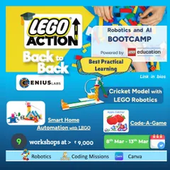 This graphic showcases our Robotics and AI Bootcamp. With back-to-back workshops, students get the best practical learning experience, building everything from a cricket model to a smart home, and even coding a game.