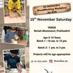 This poster announces an early start to Christmas projects with an experiential woodworking workshop. Kids get to saw, sand, and hammer their way to creating festive wooden crafts.