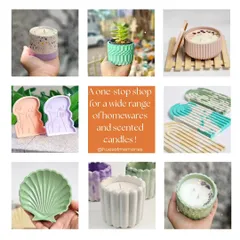 My business has grown from just greeting cards to a one stop shop for homewares and scented candles. This collage shows a variety of my handmade products, including planters, coasters, and candle jars.