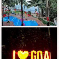 A collage showcasing the beautiful Bambolim Beach Resort in Goa and a neon "I love Goa" sign, setting the scene for a perfect destination wedding.